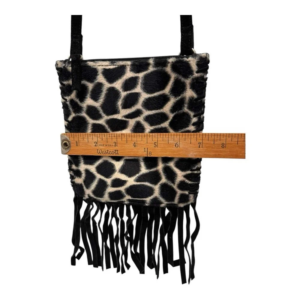 Fossil Crossbody Purse Black Suede Animal Print Fringe‎ Inside Zipper Pocket